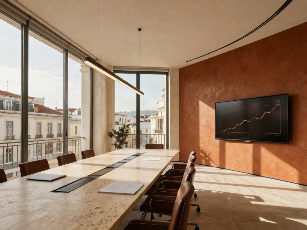 Sunlit Lisbon boardroom with a travertine meeting table and a business analytics display