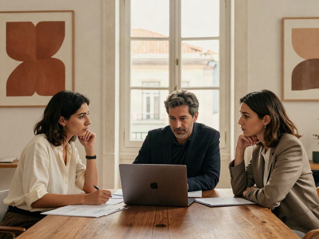 Consultants reviewing business performance reports together in a sunlit Lisbon office